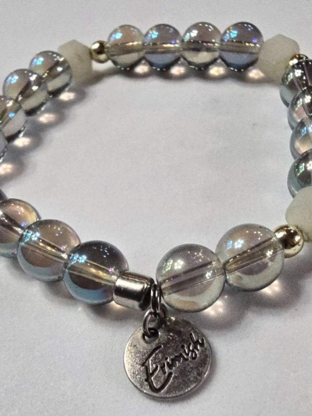 Erimish Iridescent Clear Aura Glass & White Geometric Beaded Stretch Bracelet